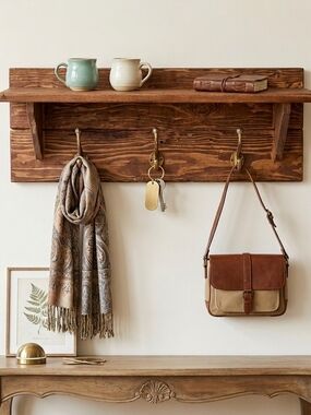 Rustic Reclaimed Wood Entryway Shelf with Hooks & Display Ledge